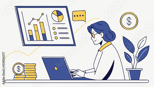 Woman Analyzing Financial Data on Laptop with Charts and Coins.