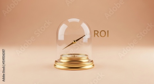 A compass with roi text under a glass dome on a beige surface indicating return on investment concept