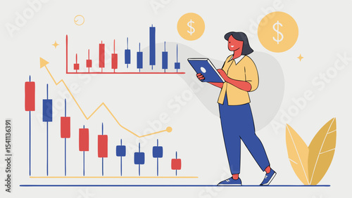 Woman analyzing stock market data with tablet and candlestick chart.