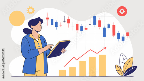 Woman Analyzing Stock Market Chart with Tablet and Rising Bar Graph.