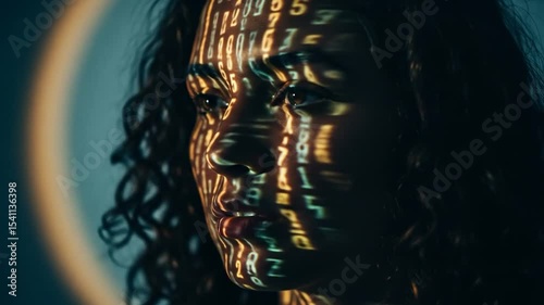 Woman's Face Illuminated with Flowing Digital Code: Data Stream Projection Video