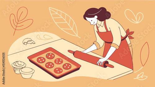 Woman Baking Cookies with Rolling Pin and Baking Tray.