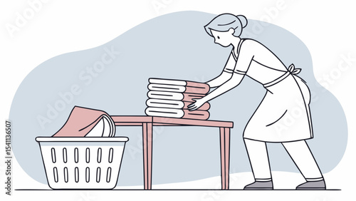 Woman folding laundry with basket and table illustration.
