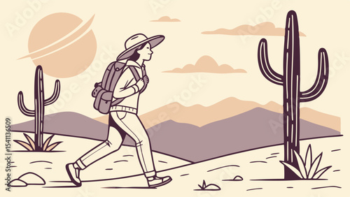 Woman Hiking in Desert Landscape with Cacti and Distant Mountains.