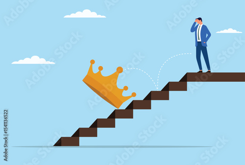 Vector illustration of a businessman looking upset as his crown falls down the stairs, symbolizing lost power, decline in status, and the emotional struggle of professional failure
