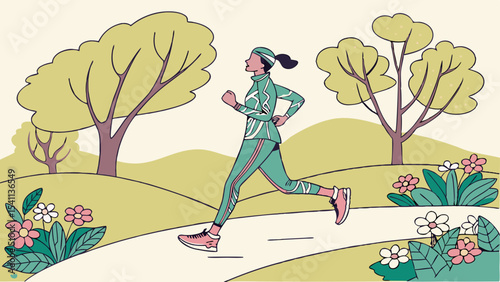 Woman Jogging Through a Spring Park.