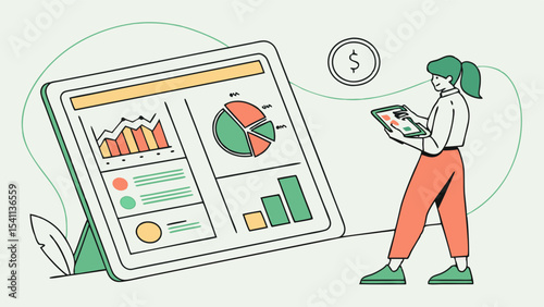 Woman Reviewing Financial Data on Large Tablet Displaying Charts and Graphs.
