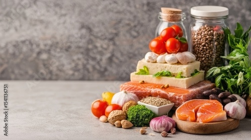 Fresh Ingredients for Healthy Cooking: Salmon, Vegetables, Nuts, Spices, and Herbs on Rustic Background