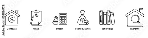 Refinance icon set with mortgage, terms, budget, debt obligation, conditions, and property 