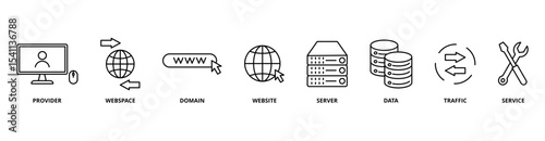 Web Hosting icon set with provider, webspace, domain, website, server, data, traffic, and service