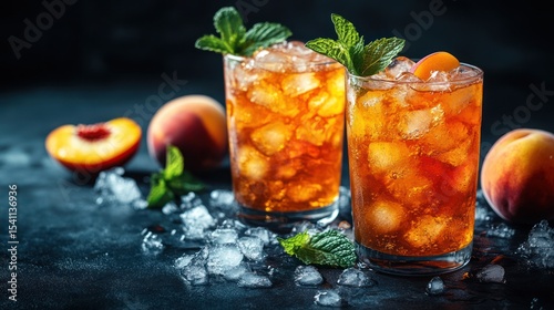 Freshly made peach iced tea, garnished with mint and served with crushed ice, tropical summer vibe