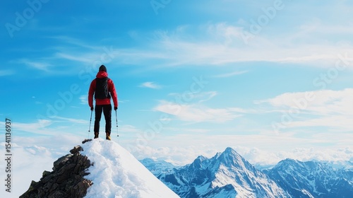 Adventurer on Snowy Mountain Peak Under Blue Sky with Majestic Mountains in Background