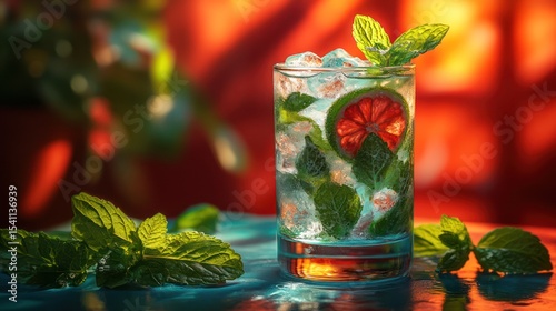 Bright summer aesthetic, glass of mojito with ice and mint reflecting sunlight, crisp shadow detail