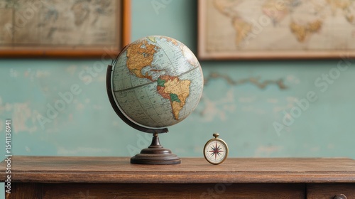 Vintage globe and compass on wooden table with historical maps in background, travel and adventure theme