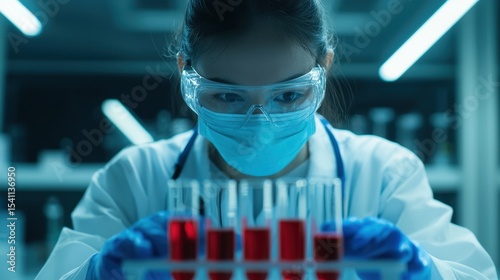 Researcher in Laboratory Analyzing Test Tubes with Colorful Liquid Solutions under Modern Lighting Conditions
