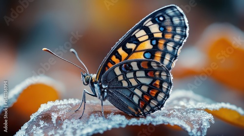 A butterfly covered in frost, resting on a frozen leaf, cinematic cold atmosphere