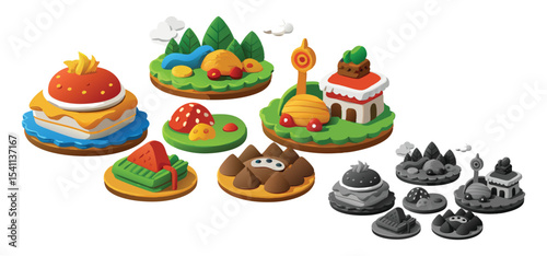 Colorful cartoonish illustrations of miniature landscapes featuring houses food and natural elements on isolated white background