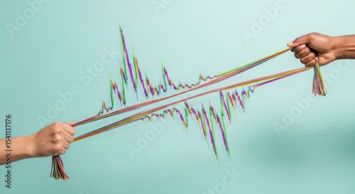 Two hands pulling on a colorful graph representing financial market volatility and economic uncertainty