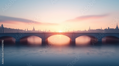 Serene Sunrise Over the River with Bridge Silhouette Against a Colorful Sky