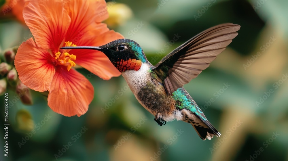 Fototapeta premium Colorful hummingbird feeding on vibrant orange flower in a lush tropical garden environment
