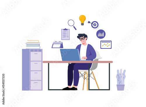 Man Working on Laptop at Desk with Business Icons and Filing Cabinet
