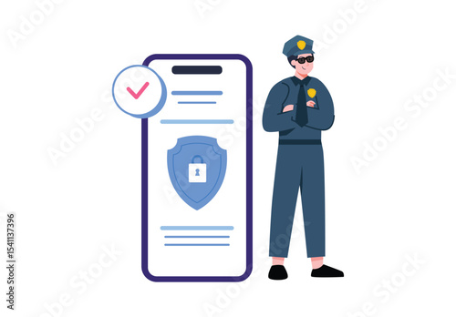 Police Officer Standing by Secure Mobile Phone with Blue Shield Icon