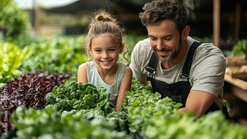 Wallpaper Mural A father and daughter happily examine vibrant, leafy greens at a farm stand Torontodigital.ca