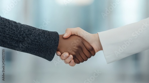 Two Diverse Individuals Shaking Hands in a Professional Setting to Represent Collaboration and Agreement