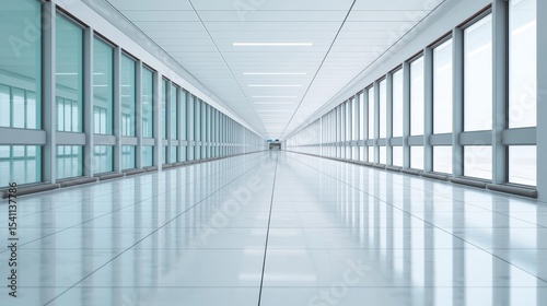 Modern Interior of Long Corridor with Bright Windows and Sleek Walls Reflecting Natural Light in Minimalist Design
