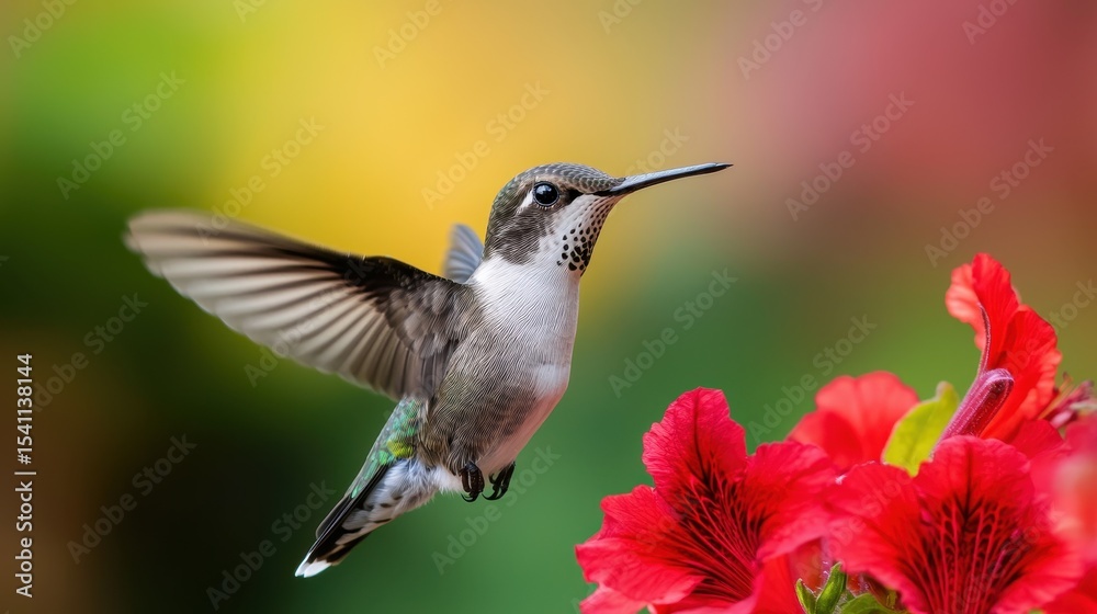 Obraz premium Delicate Hummingbird Hovering Near Vibrant Red Flowers in a Colorful Garden Setting