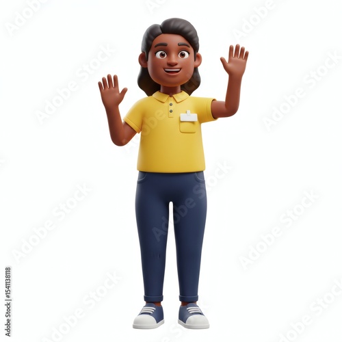 Animated woman with yellow polo shirt waving on white background