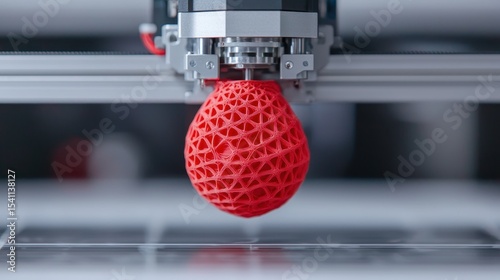 Red Filament 3D Printer Creating Intricate Egg Design in Modern Workshop Environment