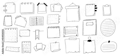 Memo page bullet journal note sketch, hand drawn doodle stickers office list box or frame. Comic planner reminder, set stationery design elements.