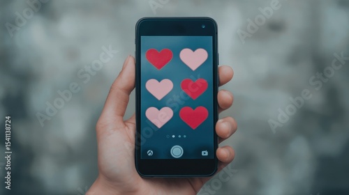 Smartphone Displaying Colorful Hearts on Screen in Person's Hand Against Blurred Background