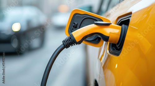 Electric Vehicle Charging Close-up with Bright Yellow Connector on Modern Urban Street