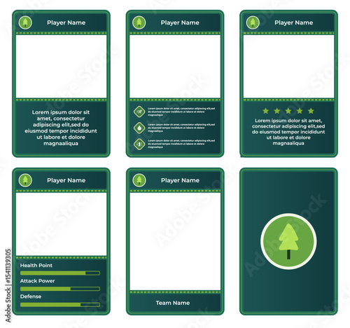 Complete game card set template with a combination of light and dark green colors and a forest reforestation or forest protection symbol theme, for design, branding, and other needs
