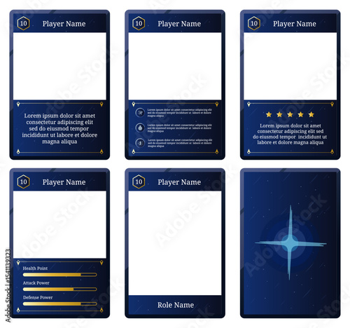 Complete game card set template with a combination of blue and dark colors and a space or universe theme, for design, branding, and other needs