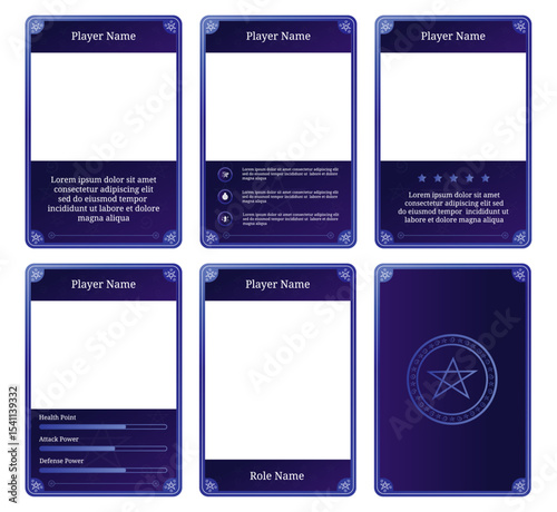 Complete game card set template with a combination of purple colors and ancient magic theme, for design, branding, and other needs