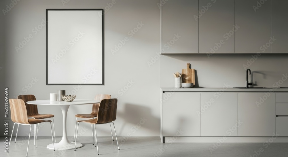 Fototapeta premium Modern kitchen interior featuring a dining table and minimalist design elements.
