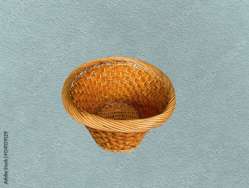 The light green background in the picture is a brown wicker basket, woven thick, with beautiful patterns, lightweight, used in the home, with two-tone weaving, with light and dark colors.