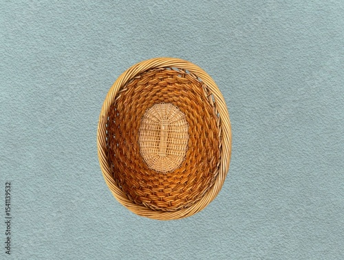 The light green background in the picture is a brown wicker basket, woven thick, with beautiful patterns, lightweight, used in the home, with two-tone weaving, with light and dark colors.