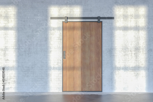 wood door on left concrete wall
