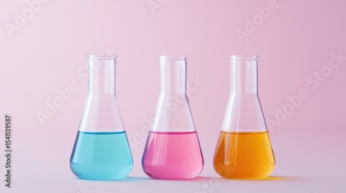 Colorful Glass Laboratory Flasks with Liquid on Pink Background for Science and Education Concepts