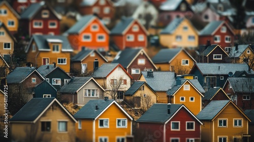 A colorful, miniature village with houses in various colors and styles.