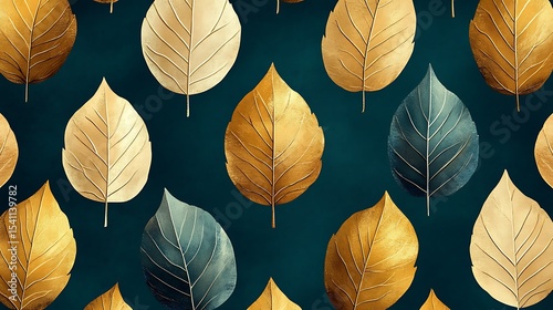 Golden and Silver Leaves on Teal Background A Detailed, Symmetrical Autumn Pattern Design