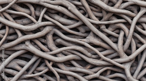 Twisted and Intricate Patterns of Natural Brown Roots and Branches Overlapping on a Wooden Background