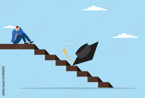 Vector illustration of a man sitting in despair as his graduation cap falls down the stairs, symbolizing lost dreams, academic setbacks, or uncertainty about the future
