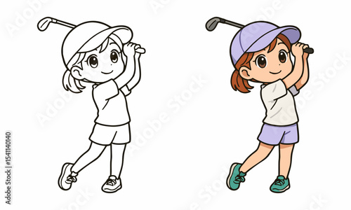 Cute girl playing golf coloring page for kids