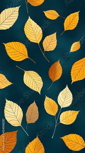 Golden Autumn Leaves Pattern on Dark Teal Background Fall Season Aesthetic and Design