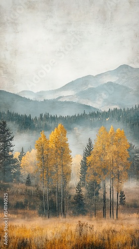 Golden Aspen Trees in Misty Mountain Valley Autumn Forest Landscape Photography